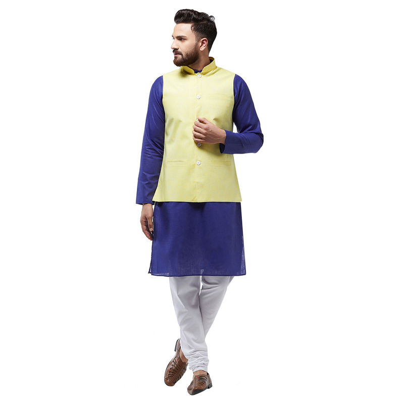 SOJANYA Men Cotton Linen Royal Blue Kurta With White Pyjama & Lemon Nehru Jacket (Set of 3) (M)
