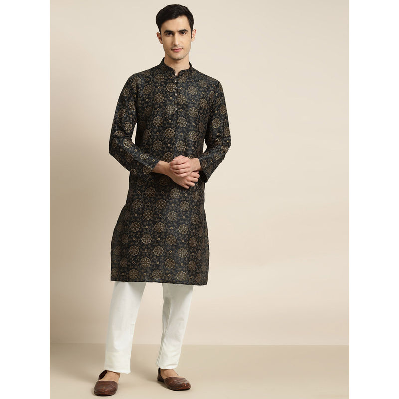 SOJANYA (Since 1958) Men Silk Blend Black Kurta And Off White Churidar Pyjama (Set of 2) (S)