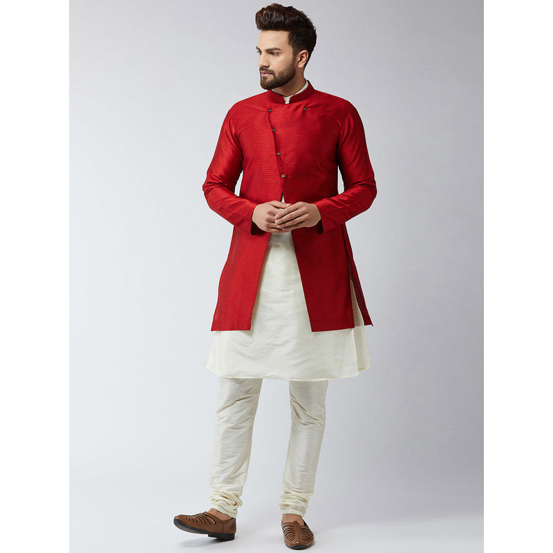 SOJANYA Silk Blend Off White & Maroon Self Design Sherwani (Set of 3) (L)