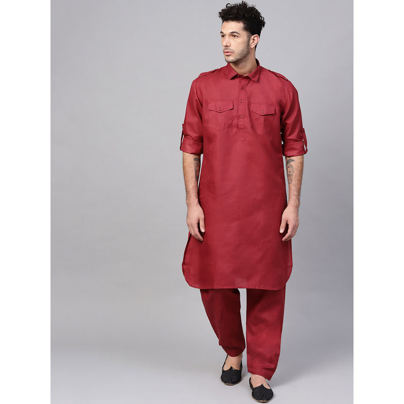 SOJANYA Cotton Linen Maroon Pathani Kurta And Salwar (Set of 2) (S)