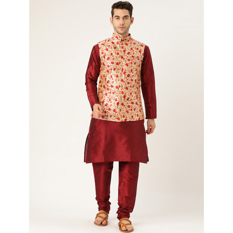 SOJANYA Silk Blend Maroon Kurta Pyjama & Red Nehru Jacket (Set of 3) (XL)