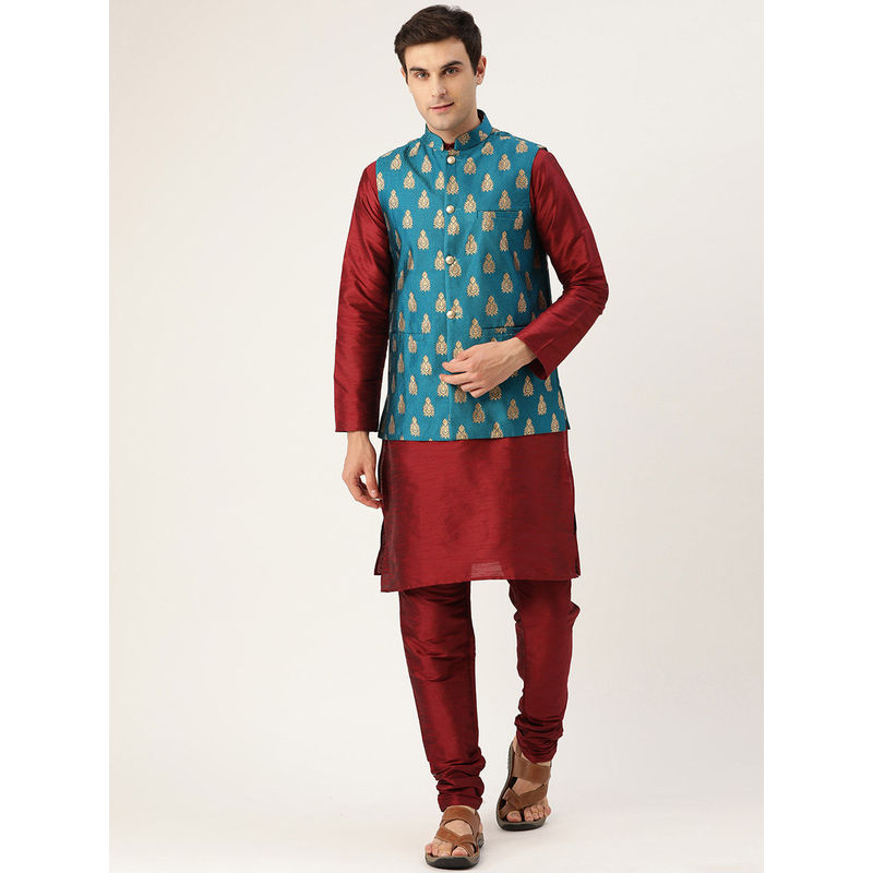 SOJANYA Silk Blend Maroon Kurta Pyjama & Teal Blue Nehru Jacket (Set of 3) (M)