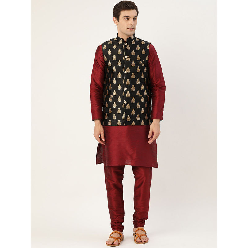SOJANYA Silk Blend Maroon Kurta Pyjama & Black Nehru Jacket (Set of 3) (M)