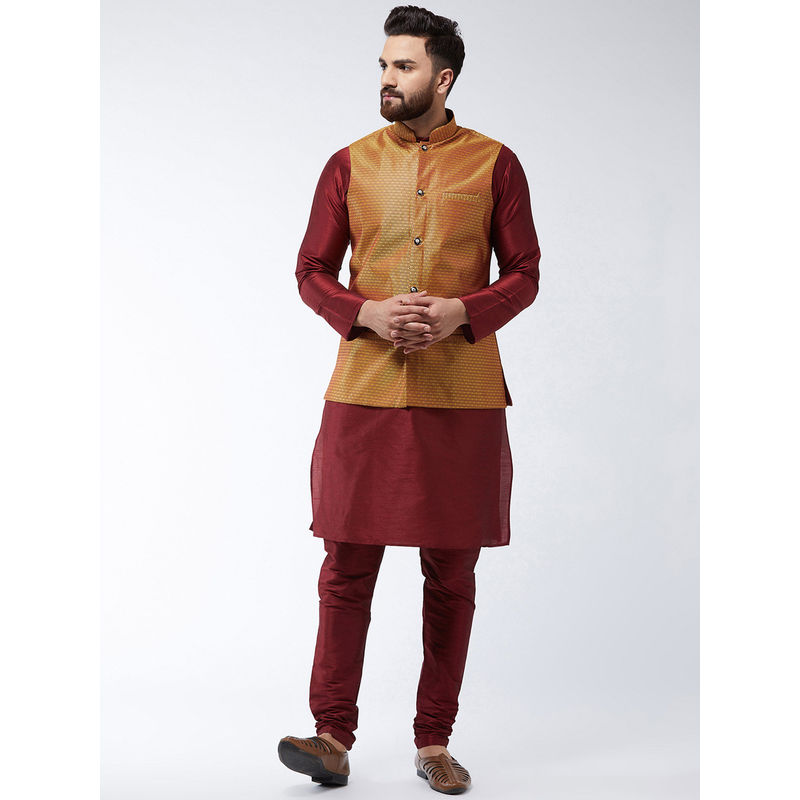 SOJANYA Silk Blend Maroon Kurta Pyjama & Mustard Nehru Jacket (Set of 3) (L)