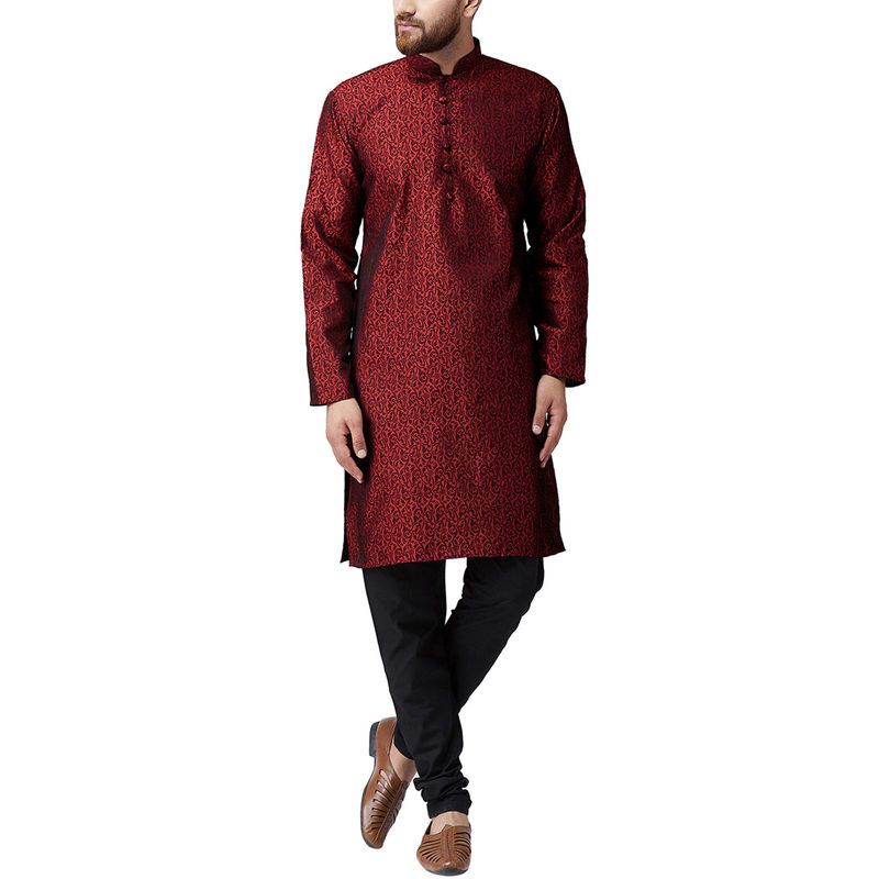 SOJANYA Silk Maroon Kurta And Black Pyjama (Set of 2) (M)