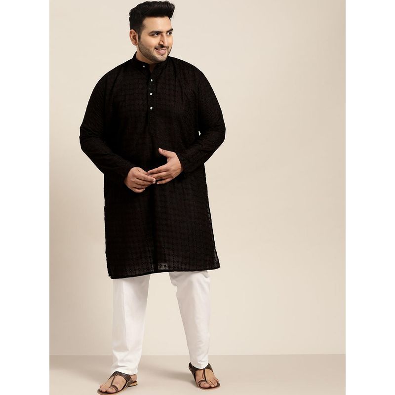 SOJANYA Men Cotton Black Chikankari Kurta And White Churidaar Pyjama (Set of 2)