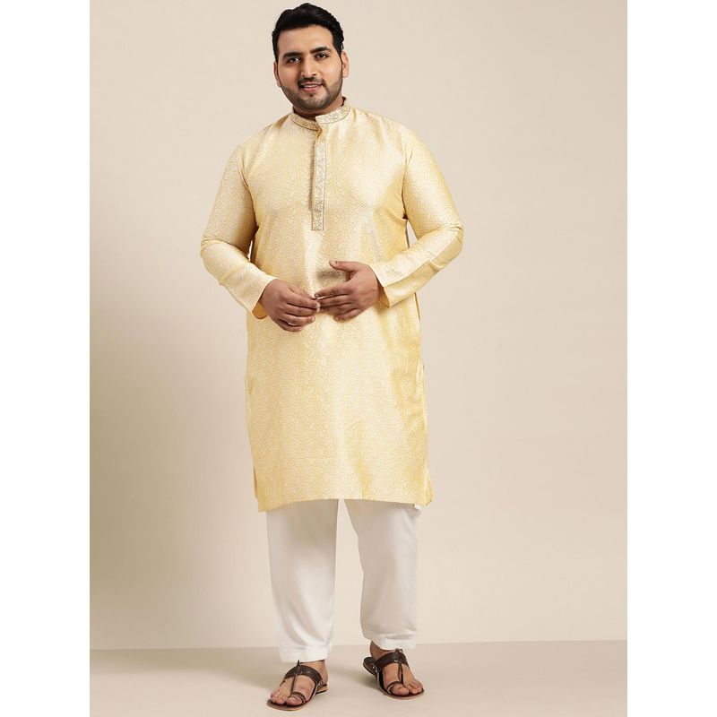 SOJANYA Men Silk Blend Gold Kurta And Off White Churidar Pyjama (Set of 2)