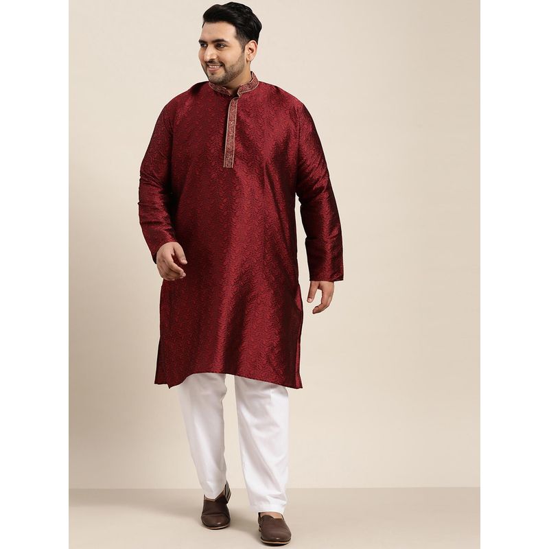 SOJANYA Men Silk Blend Maroon Kurta And Off White Churidar Pyjama (Set of 2)