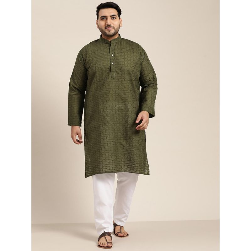 SOJANYA Men Cotton Olive Green Chikankari Kurta (4XL)