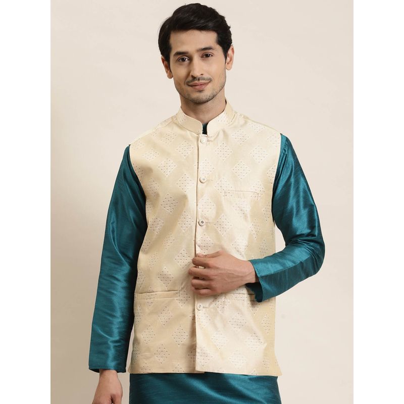 SOJANYA Men Jacquard Silk Cream & Gold Self Design Nehru Jacket (S)
