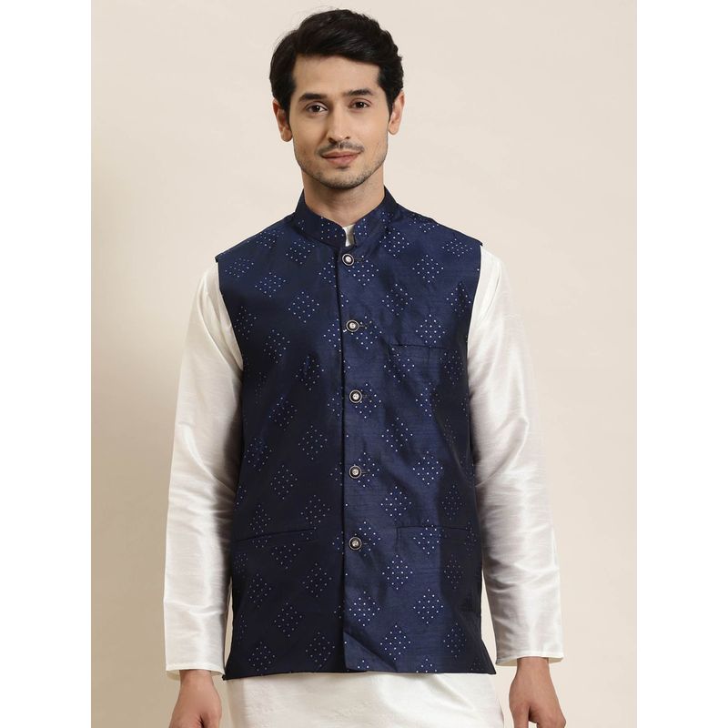 SOJANYA Men Jacquard Silk Navy Blue & Gold Self Design Nehru Jacket (S)