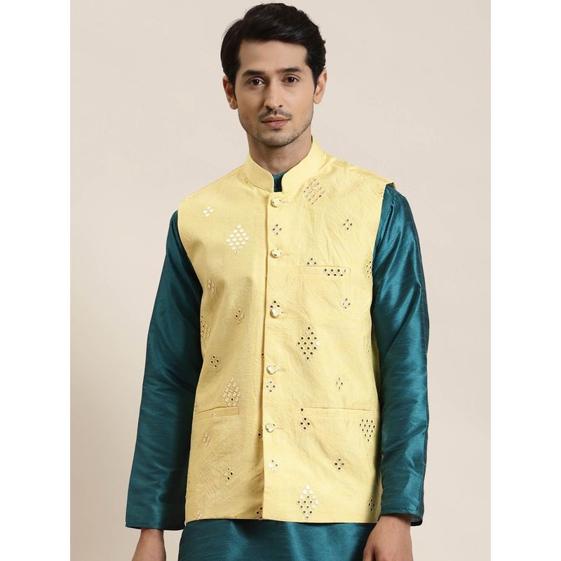 SOJANYA Men Silk Blend Lemon Yellow Mirror Work Nehru Jacket (S)