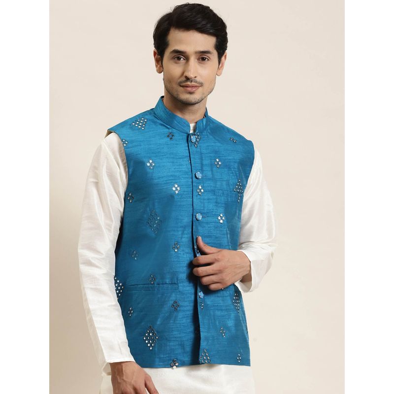 SOJANYA Men Silk Blend Peacock Blue Mirror Work Nehru Jacket (S)