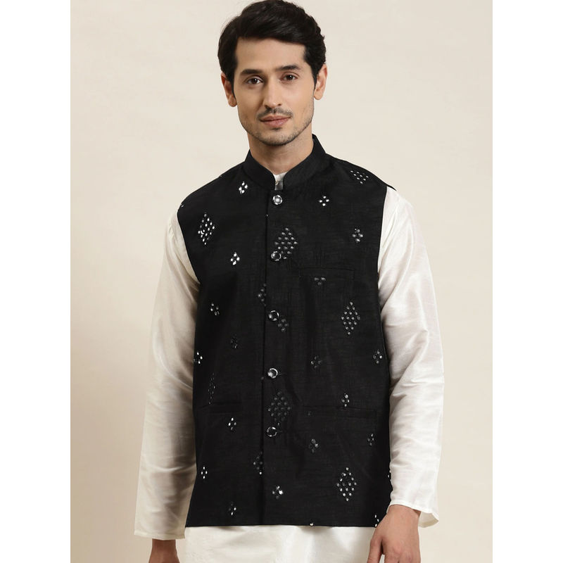 SOJANYA Men Silk Blend Black Mirror Work Nehru Jacket (M)