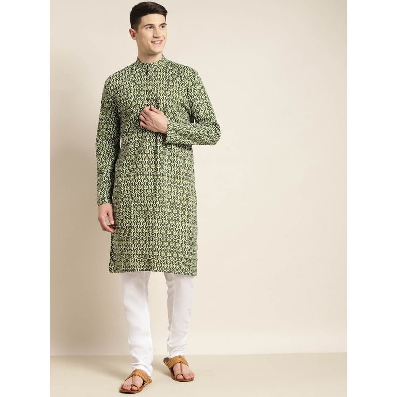 SOJANYA Men Cotton Mehendi & White Printed Long Kurta (S)