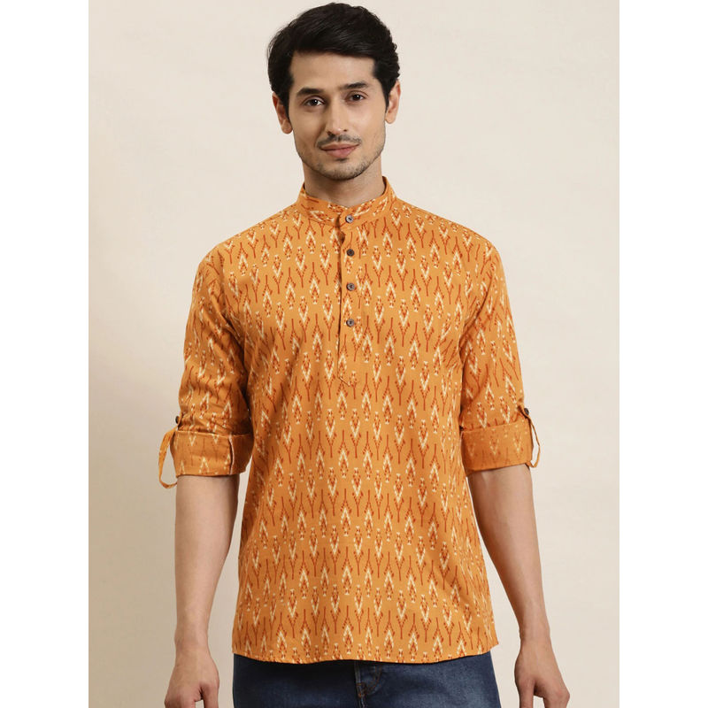 SOJANYA Men Cotton Mustard Printed Short Kurta (M)