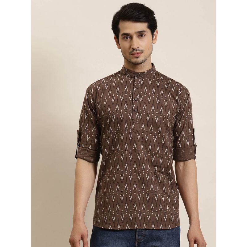 SOJANYA Men Cotton Brown Printed Short Kurta (M)