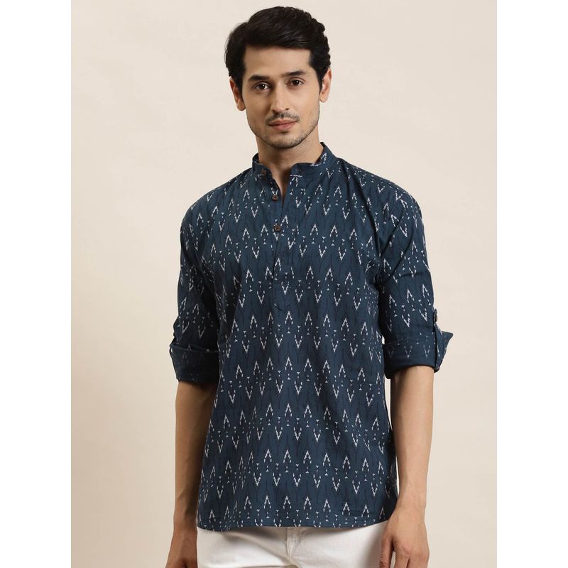 SOJANYA Men Cotton Peacock Blue Printed Short Kurta (M)