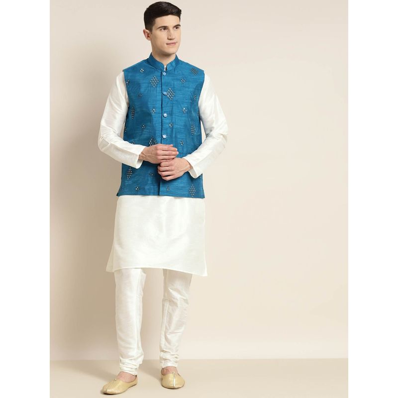 SOJANYA Men Silk Blend Cream Kurta & Churidaar Pyjama With Mirror Work Nehrujacket (Set of 3)