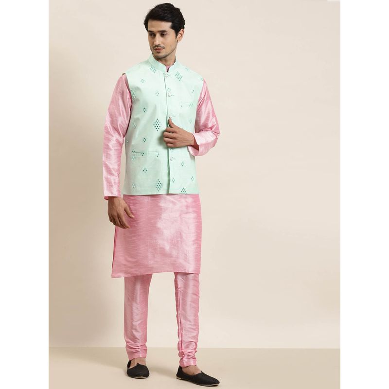 SOJANYA Men Silk Blend Pink Kurta & Churidaar Pyjama With Mirror Work Nehrujacket (Set of 3)