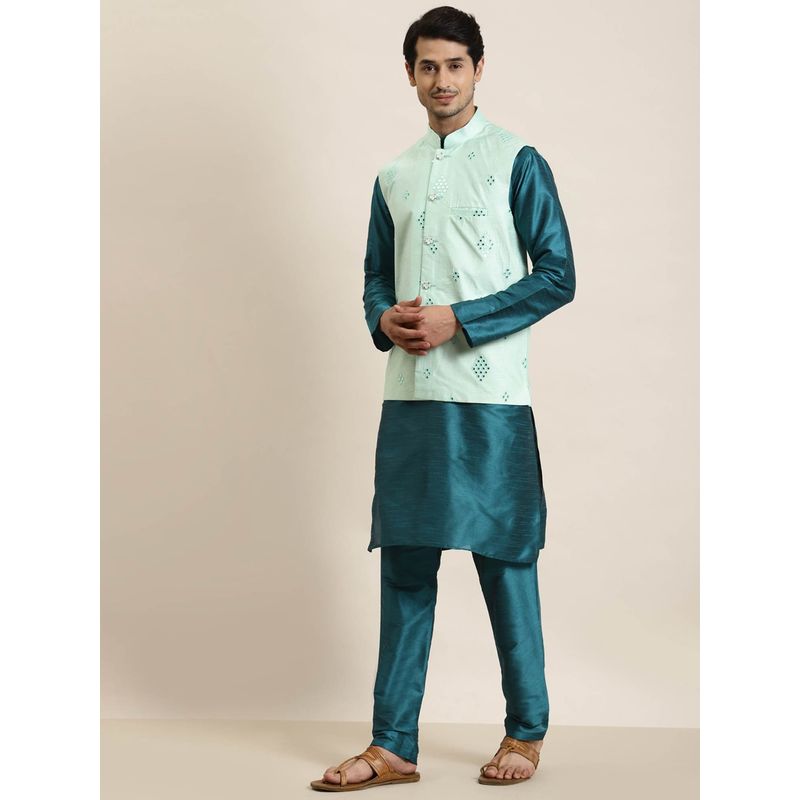 SOJANYA Men Silk Blend Teal Green Kurta & Churidaar Pyjama With Mirror Work Nehrujacket (Set of 3)