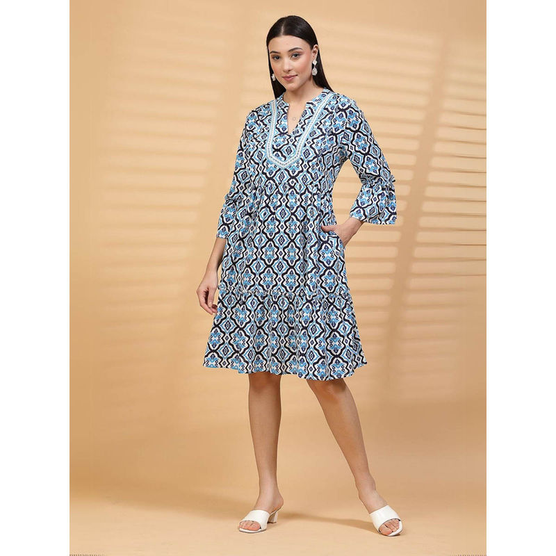 Zelena Women 3/4 Sleeves Rayon Geometric Printed Feeding Dress with Zip and Pocket (M)