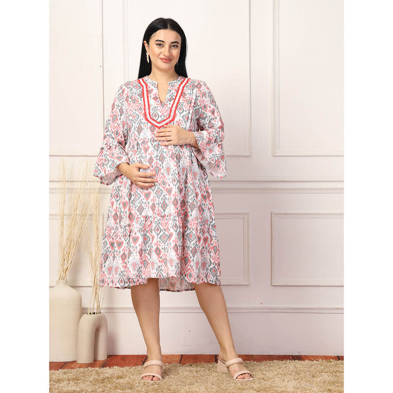 Zelena Women Half Sleeves 100% Cotton Printed Maternity Feeding Dress with Zip (M)