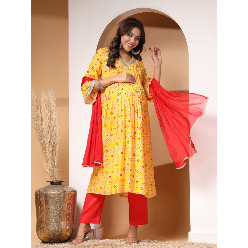 Zelena Women 3/4 Sleeves Rayon Printed Maternity Feeding Kurta Set with Zip