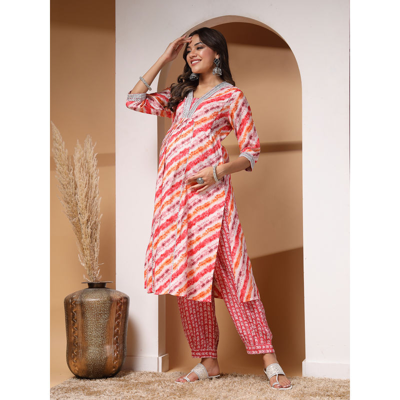 Zelena Women 3/4 Sleeves Modal Printed Maternity Feeding Kurta Pant Set with Zip
