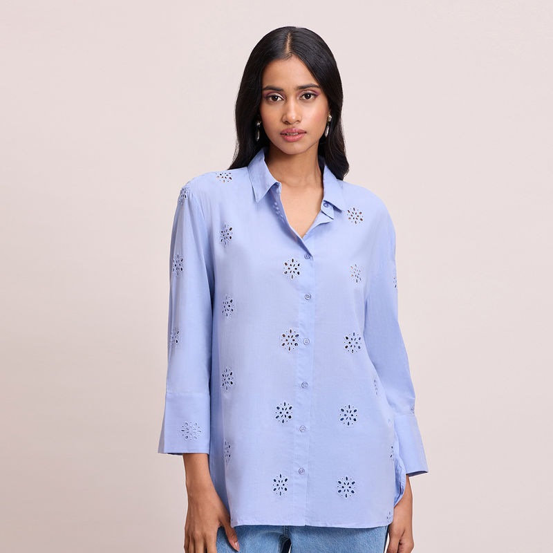 Twenty Dresses by Nykaa Fashion Light Blue Floral Embroidered Broad Cuffs Schiffli Shirt (XS)