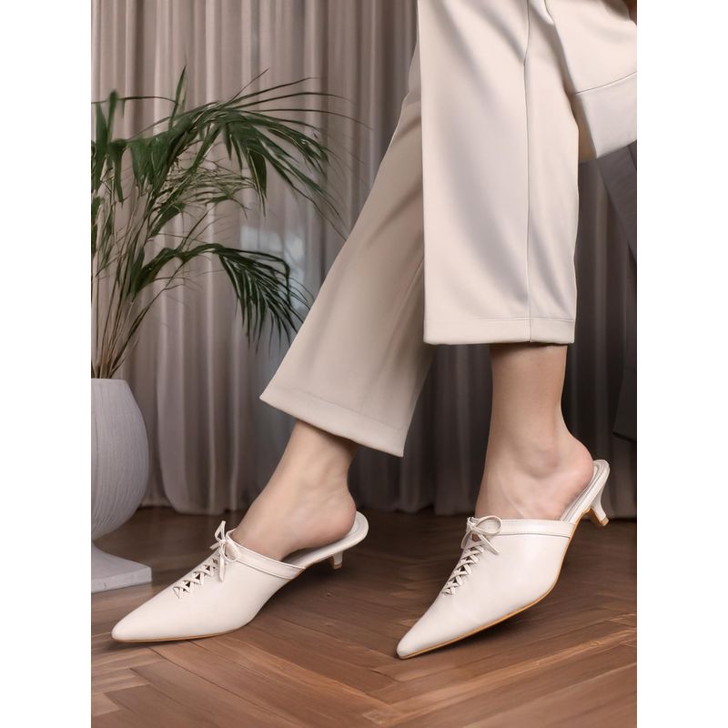 ELLE Cream Womens Lace-Up Kitten Mules Heels (EURO 36)