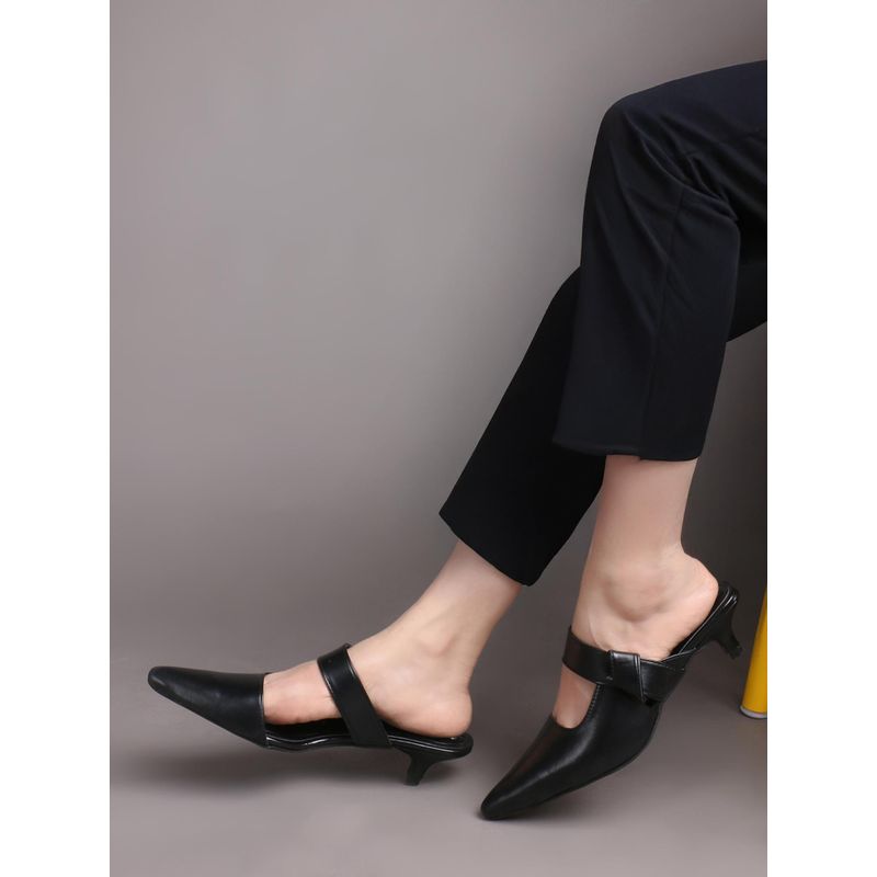 ELLE Black Womens Twisted Strap Kitten Mules Heels (EURO 36)