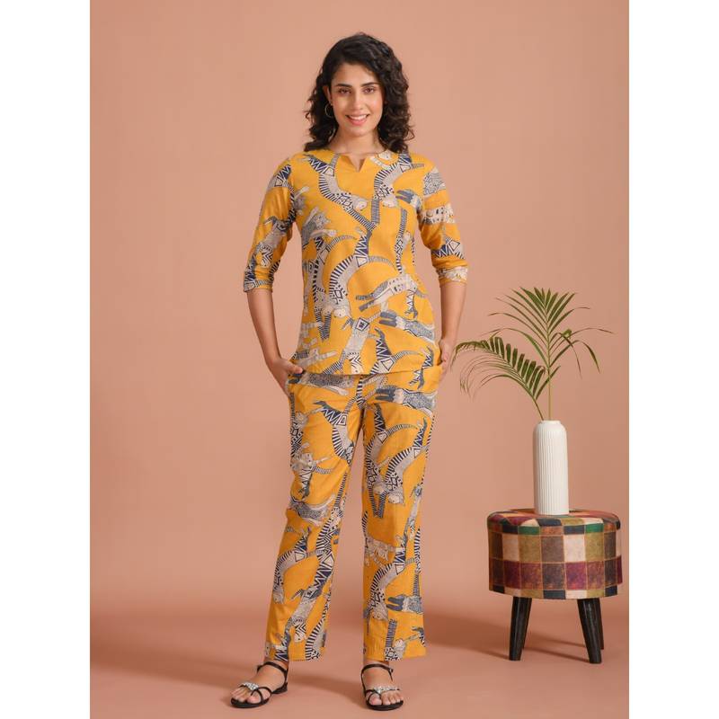 SANSKRUTIHOMES Women Yellow Cotton Top with Pyjama (Set of 2) (S)