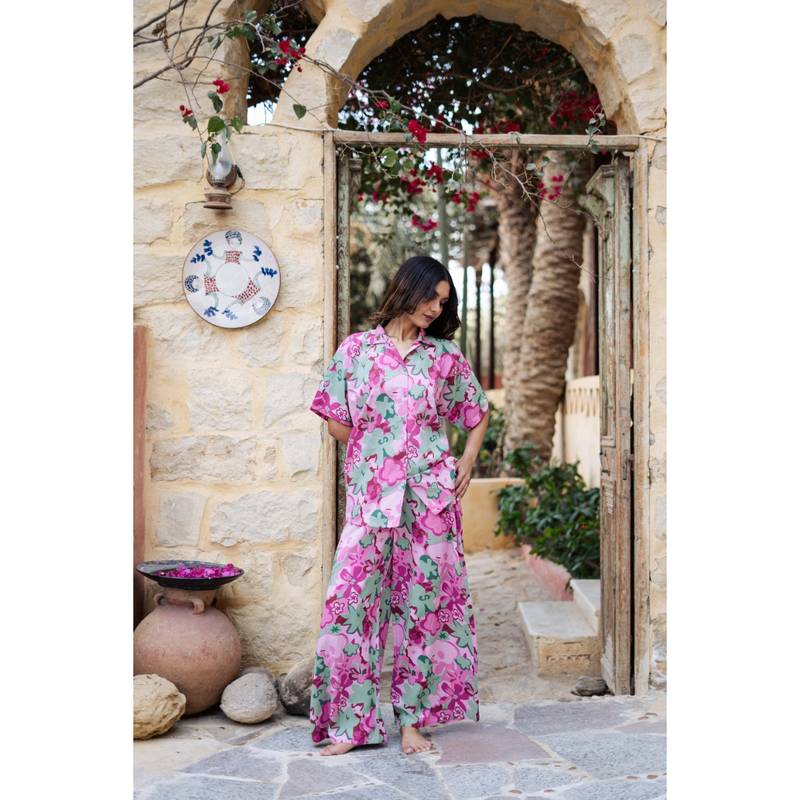 SANSKRUTIHOMES Women Pink Pure Cotton Shirt with Pyjama (Set of 2) (L)