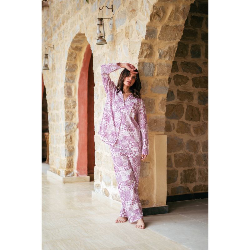 SAY Women Purple Pure Cotton Shirt with Pyjama (Set of 2) (L)