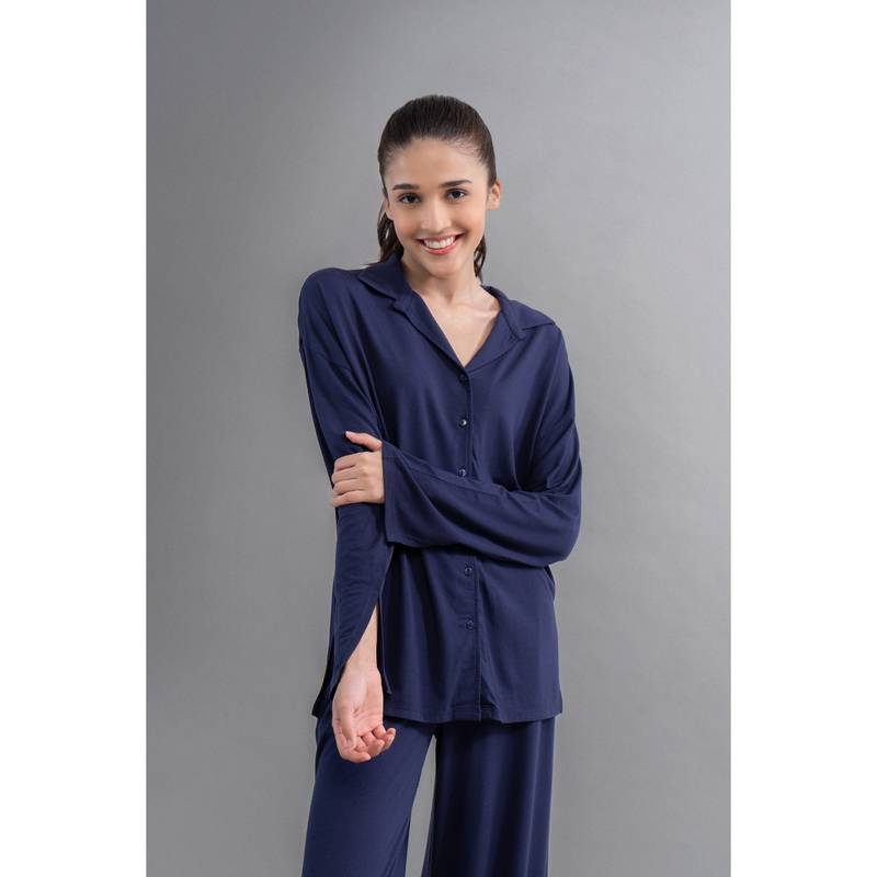 NeceSera Deep Navy Supima Button Down Top with Slit (S)