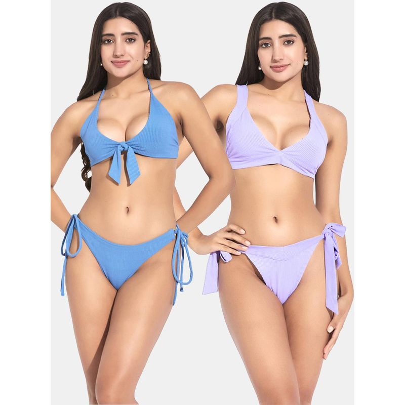 Secrets By ZeroKaata Women Assorted Ribbed Halter Beach Wear Bra and Bikini (Set of 4) (XS)