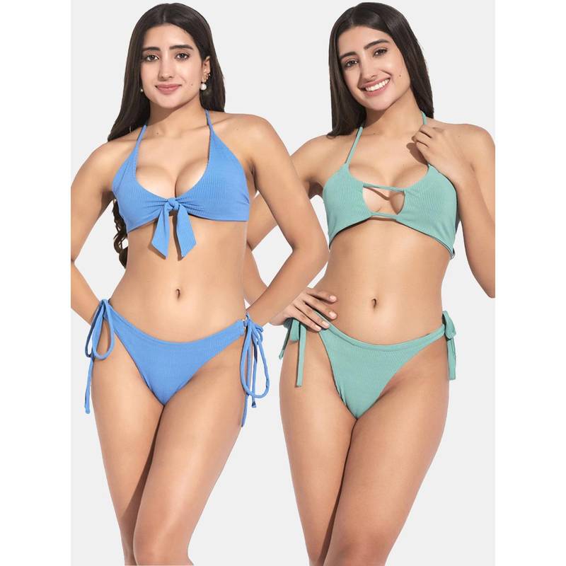 Secrets By ZeroKaata Women Assorted Ribbed Halter Beach Wear Bra and Bikini (Set of 4) (XS)