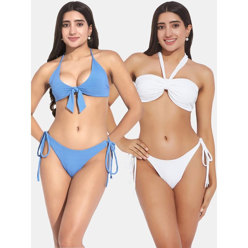 Secrets By ZeroKaata Women Assorted Ribbed Halter Beach Wear Bra and Bikini (Set of 4) (XS)