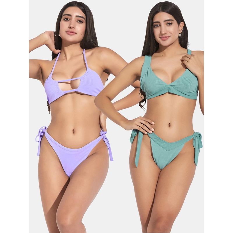 Secrets By ZeroKaata Women Assorted Ribbed Halter Beach Wear Bra and Bikini (Set of 4) (XS)