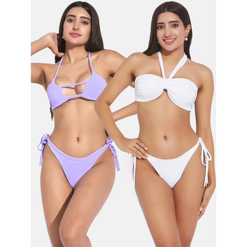 Secrets By ZeroKaata Women Assorted Ribbed Halter Beach Wear Bra and Bikini (Set of 4) (XS)