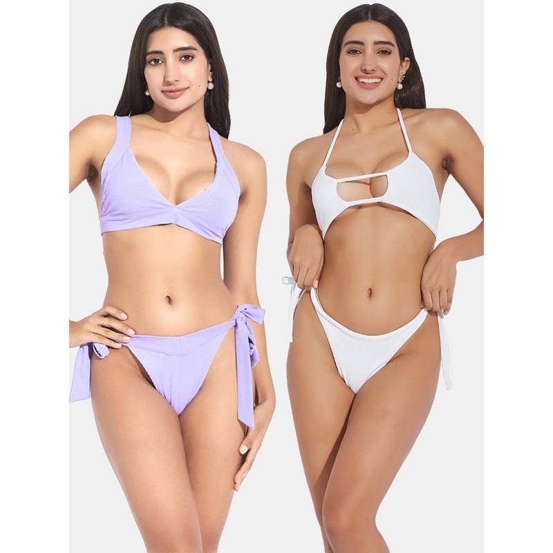 Secrets By ZeroKaata Women Assorted Ribbed Halter Beach Wear Bra and Bikini (Set of 4) (XS)