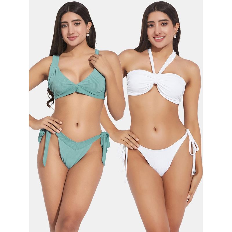 Secrets By ZeroKaata Women Assorted Ribbed Halter Beach Wear Bra and Bikini (Set of 4) (XS)