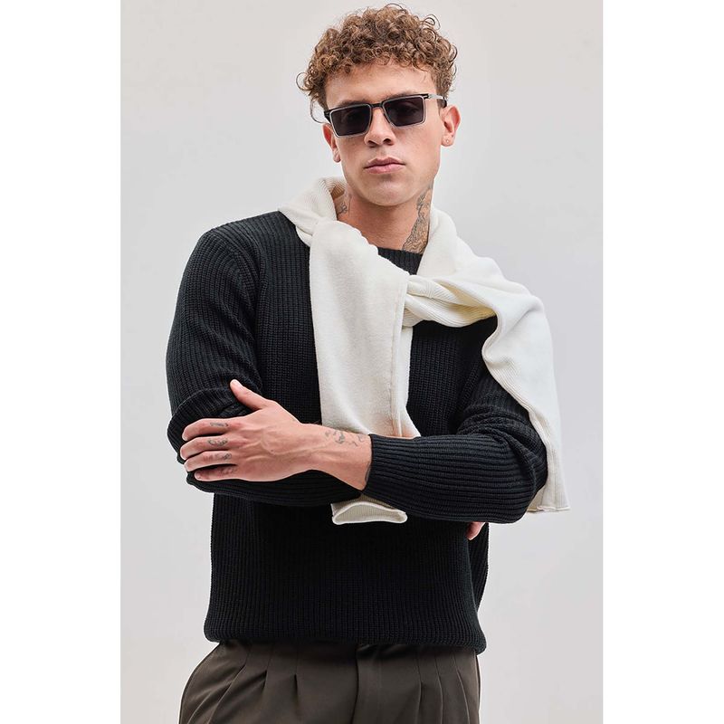 Snitch Men Black Textured Sweater (2XL)