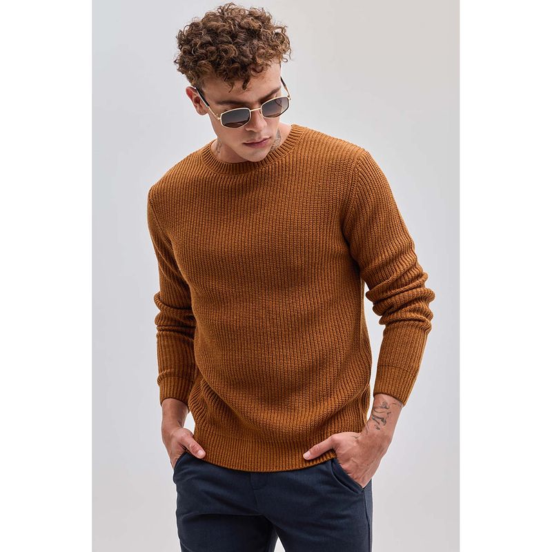 Snitch Men Brown Textured Sweater (XL)