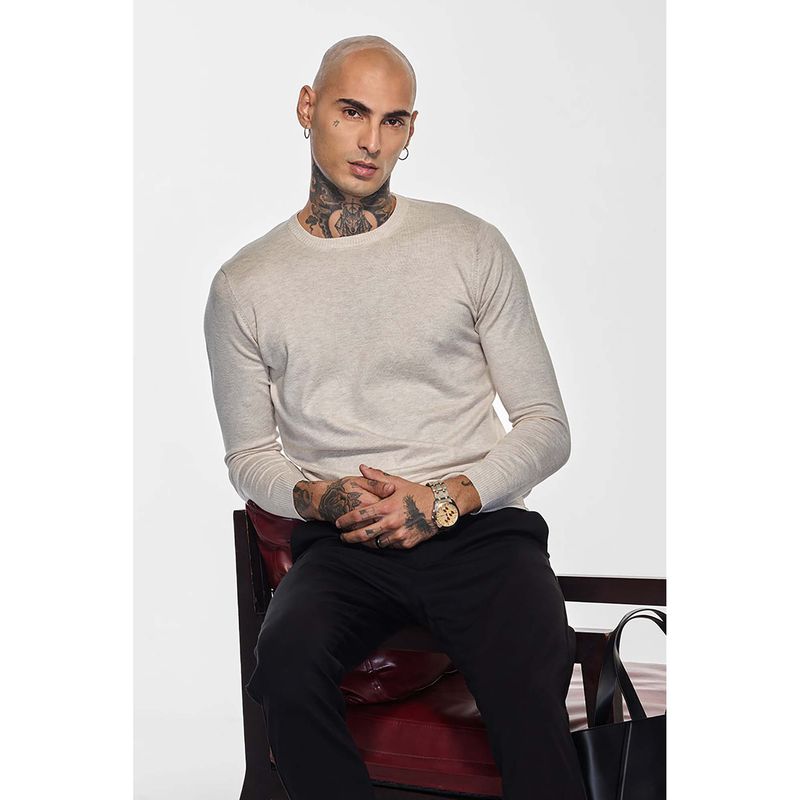 Snitch Men Beige Solid Sweater (L)