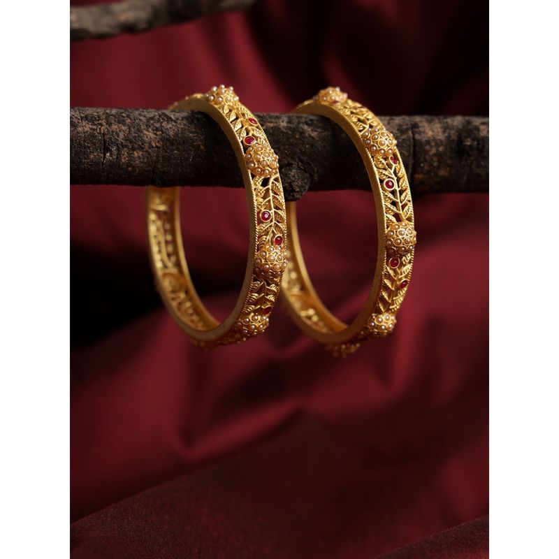 Jazz and Sizzle Gold Plated Ruby Studded Leaf Pattern Bangles (Set of 2) (2.4)