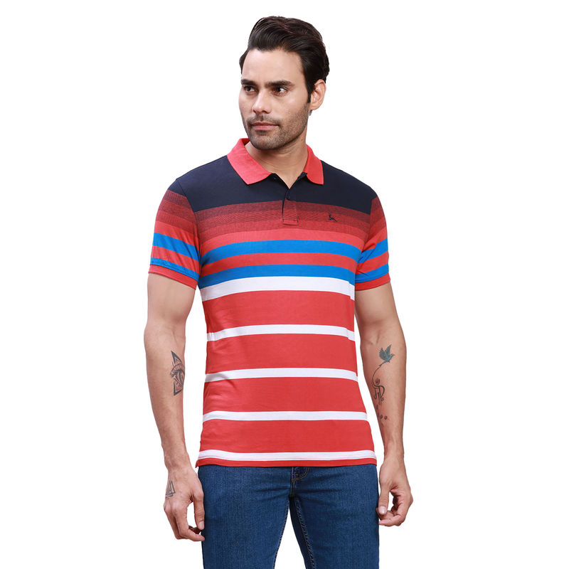 Parx Regular Fit Striped Dark Red Polo T-Shirt (S)