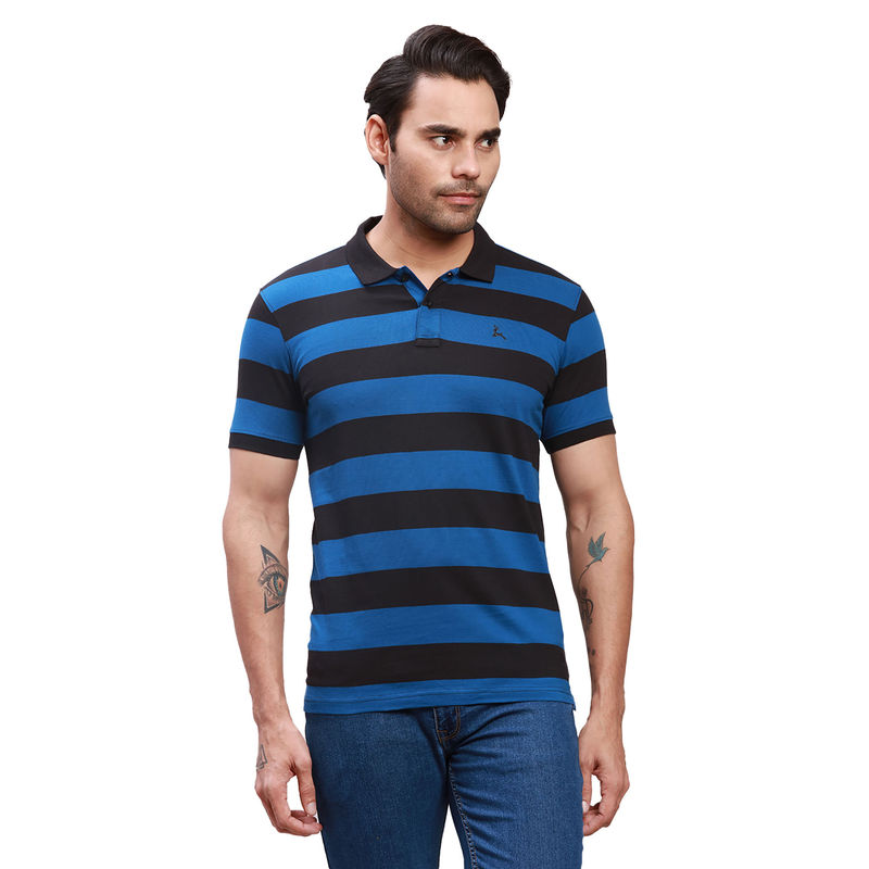 Parx Regular Fit Striped Dark Petrol Polo T-Shirt (S)