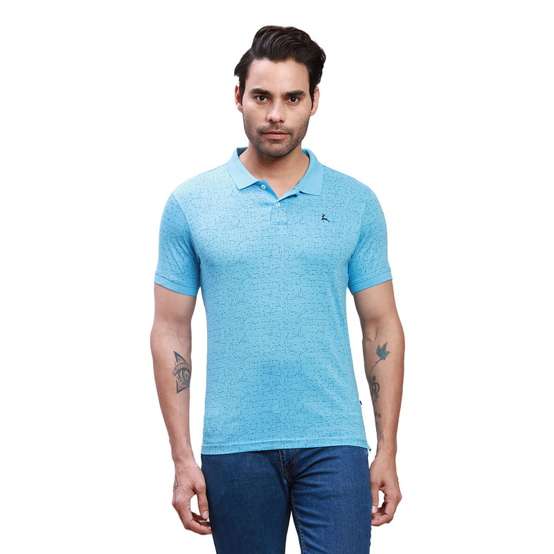 Parx Regular Fit Printed Light Blue Polo T-Shirt (S)